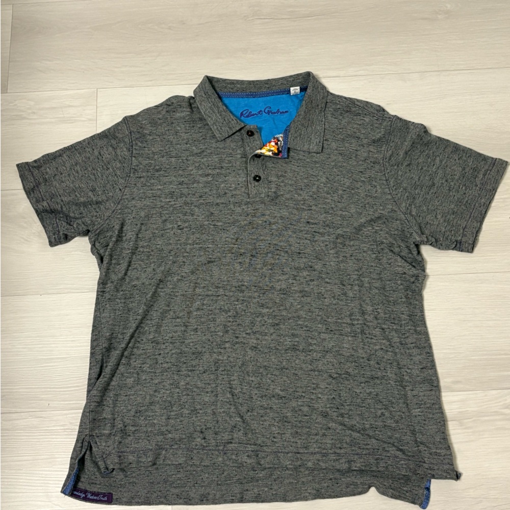 Robert Graham Mens Polo Shirt Large Gray Classic Fit Contrast Trim